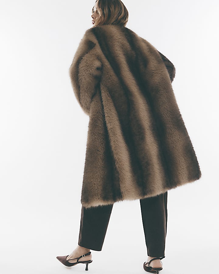Brown Faux Fur Stripe Long Coat
