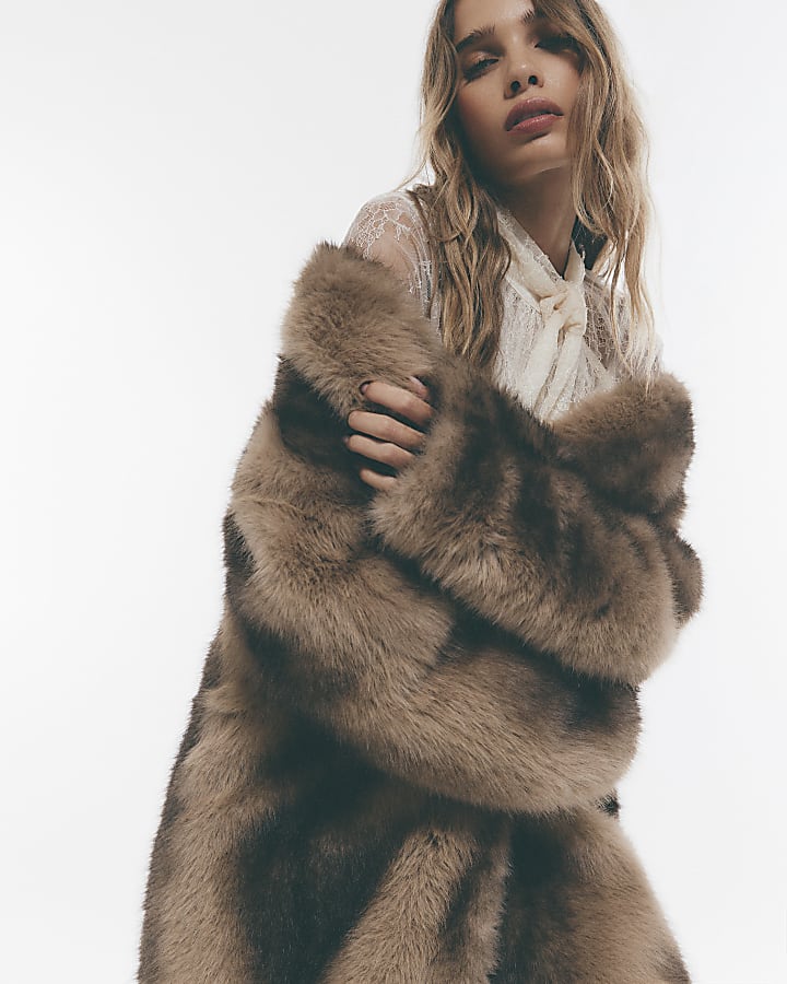 Brown Faux Fur Stripe Long Coat