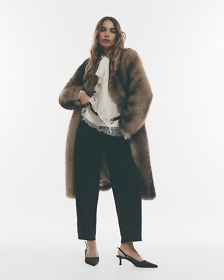Brown Faux Fur Stripe Long Coat