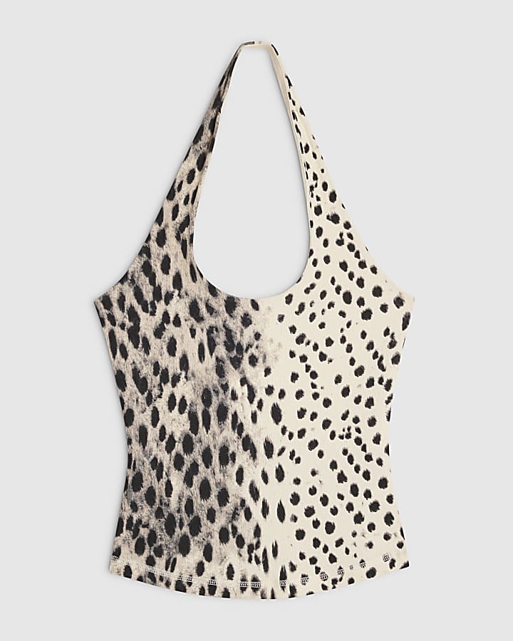 Cream Cotton Blend Animal Halter Tank Top