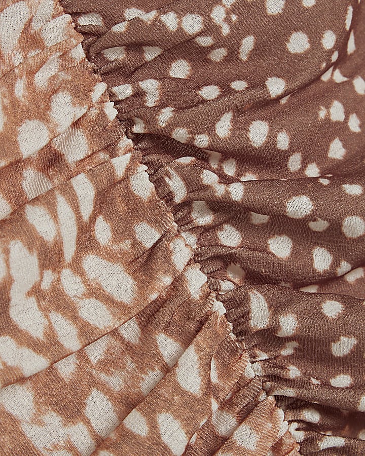 Beige Deer Print Ruched Front Top