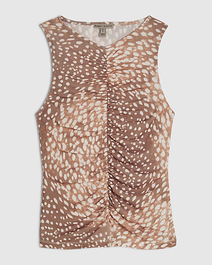 Beige Deer Print Ruched Front Top