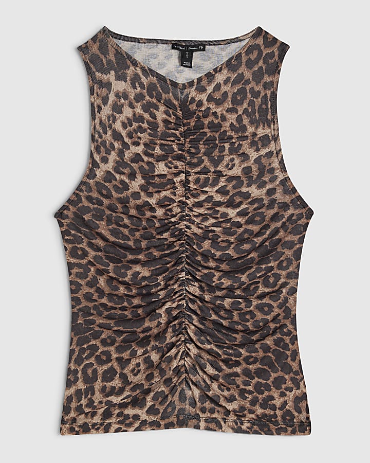 Brown Animal Print Ruched Front Top