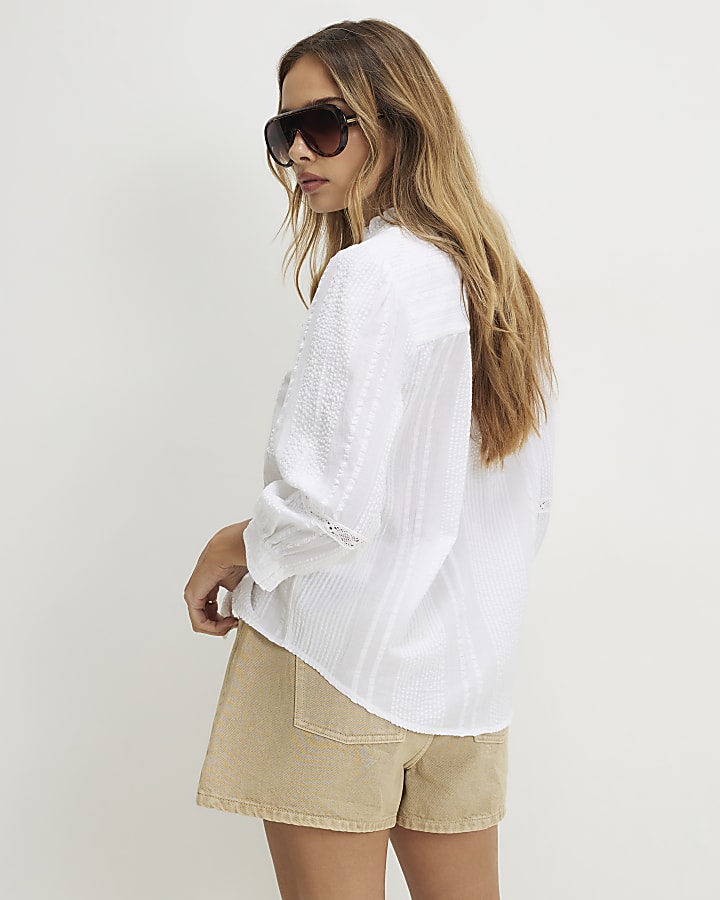 White Cotton Cropped Sleeve Blouse