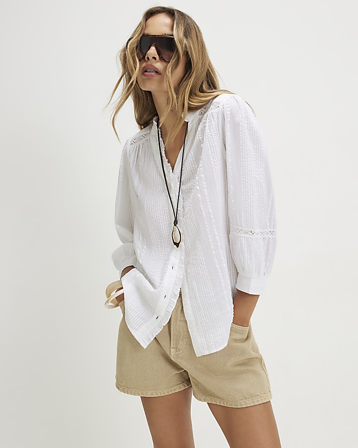 White Cotton Cropped Sleeve Blouse