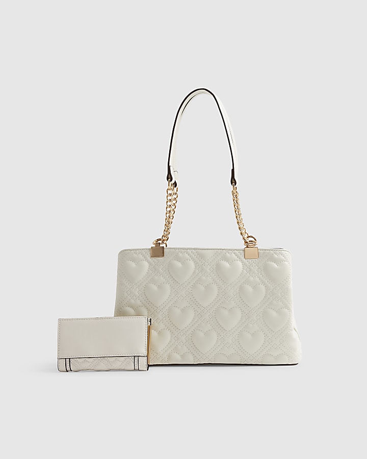 Cream Heart Chain Shoulder Bag And Purse Set