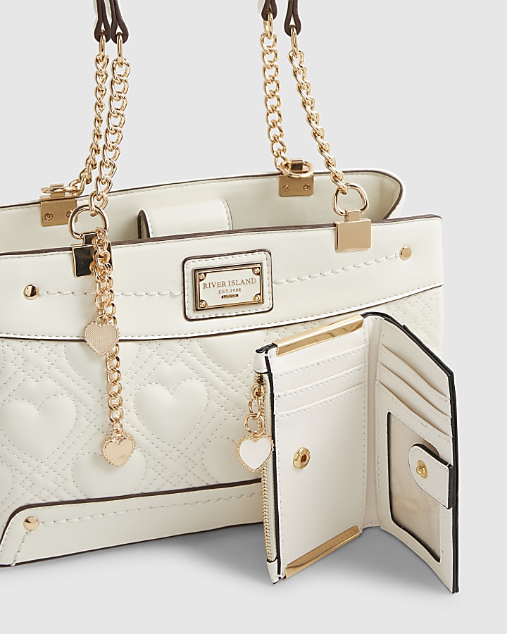 Cream Heart Chain Shoulder Bag And Purse Set
