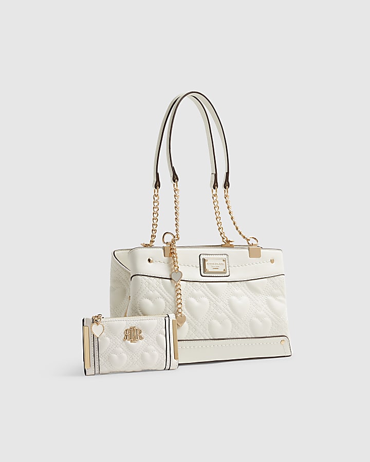 Cream Heart Chain Shoulder Bag And Purse Set