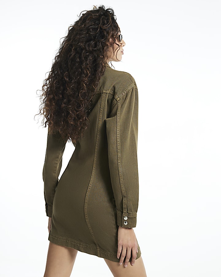 Khaki Denim Zip Through Dress