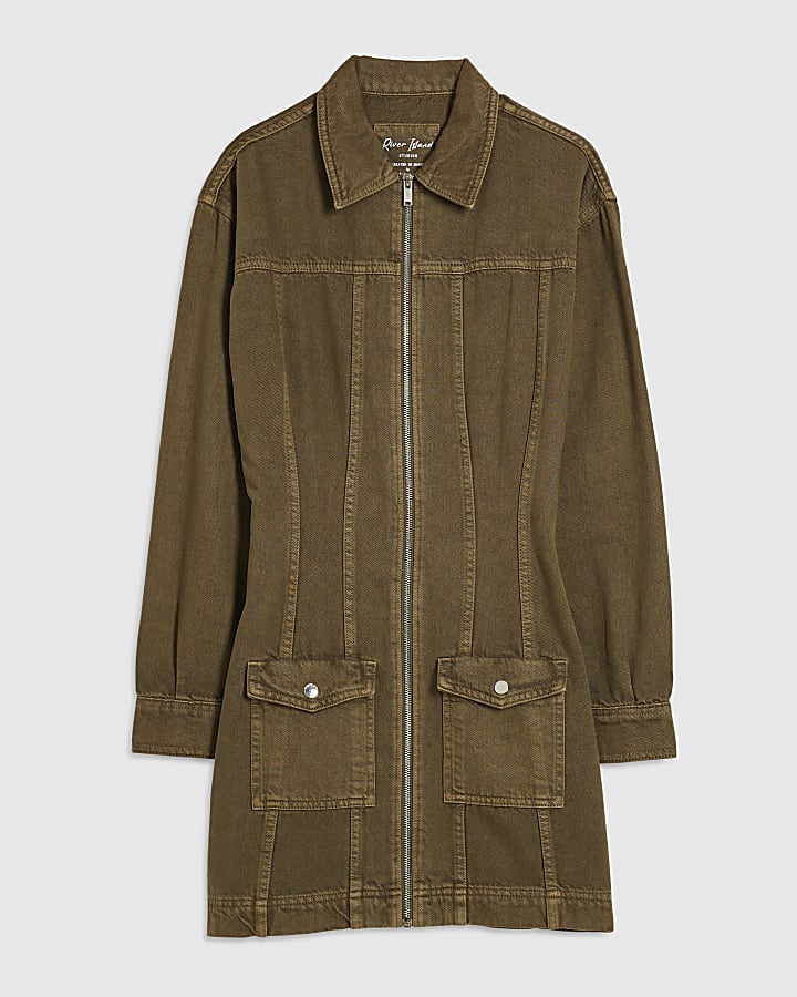 Khaki Denim Zip Through Dress