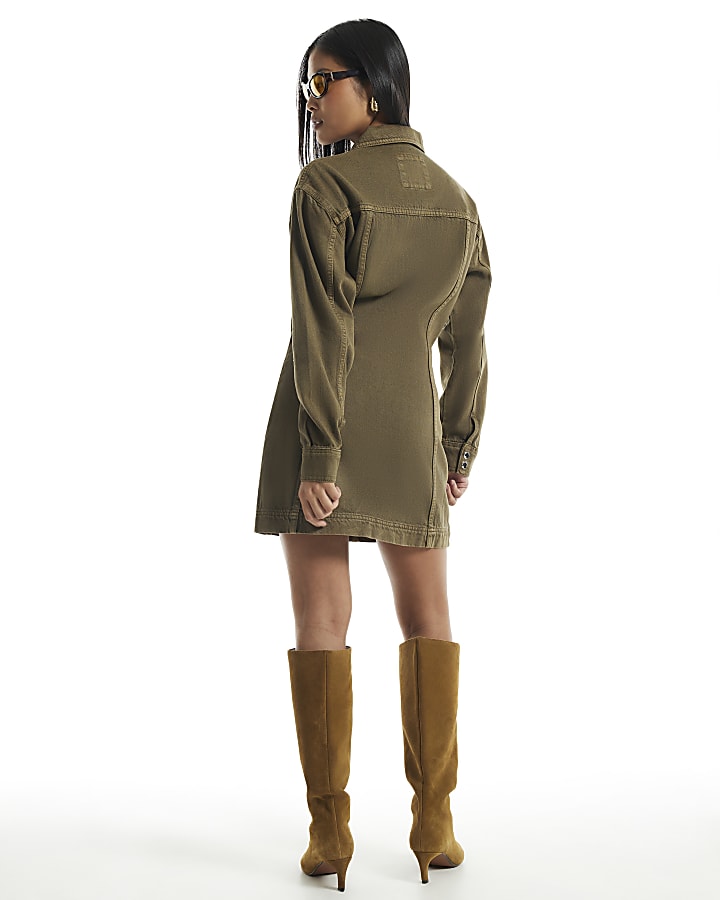 Petite Khaki Denim Zip Through Dress