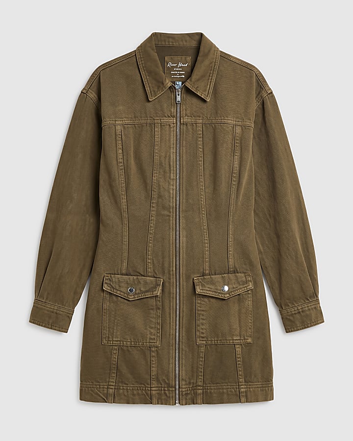 Petite Khaki Denim Zip Through Dress