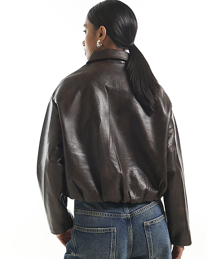 Petite Brown Faux Leather Bomber Jacket