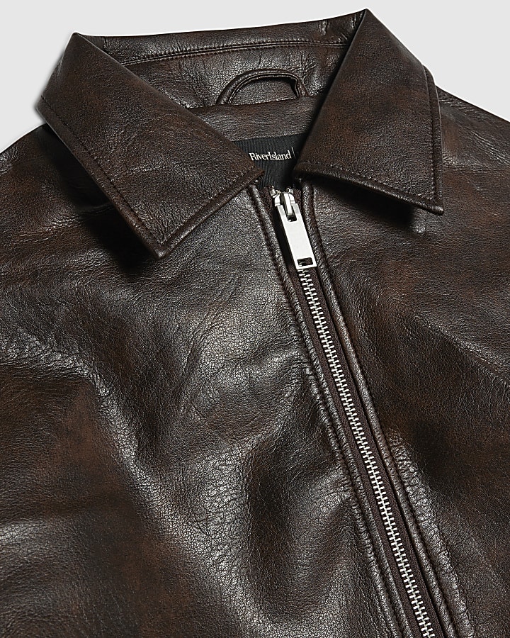 Petite Brown Faux Leather Bomber Jacket