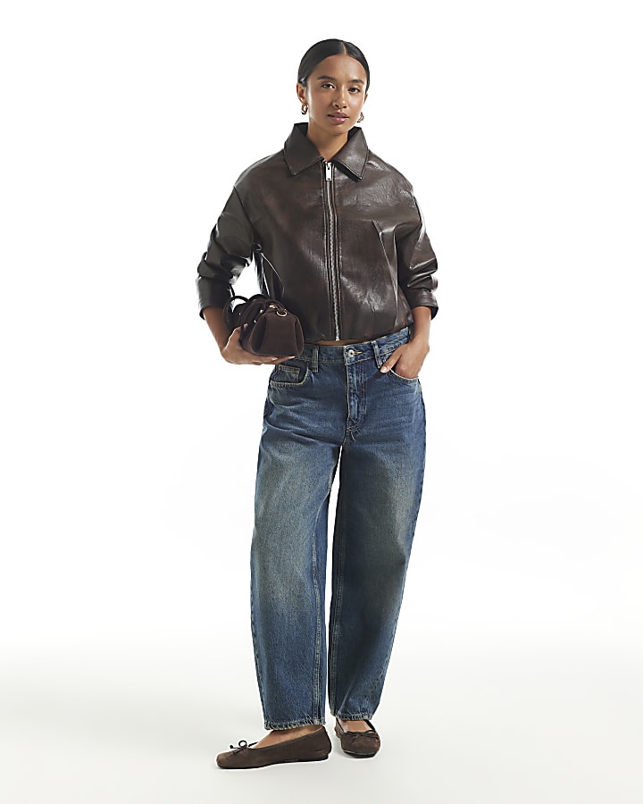 Petite Brown Faux Leather Bomber Jacket