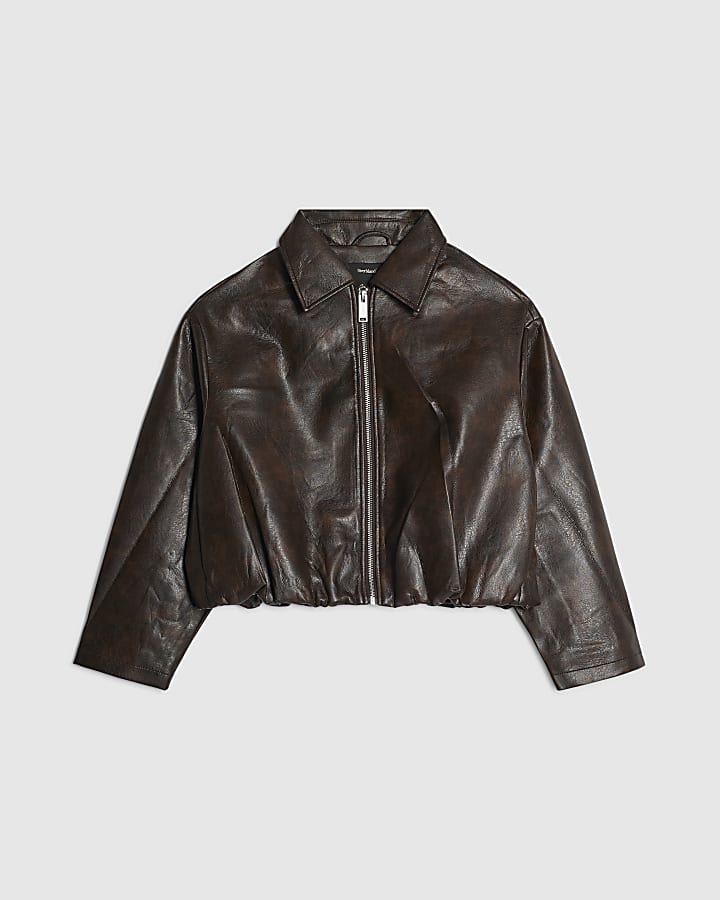 Petite Brown Faux Leather Bomber Jacket