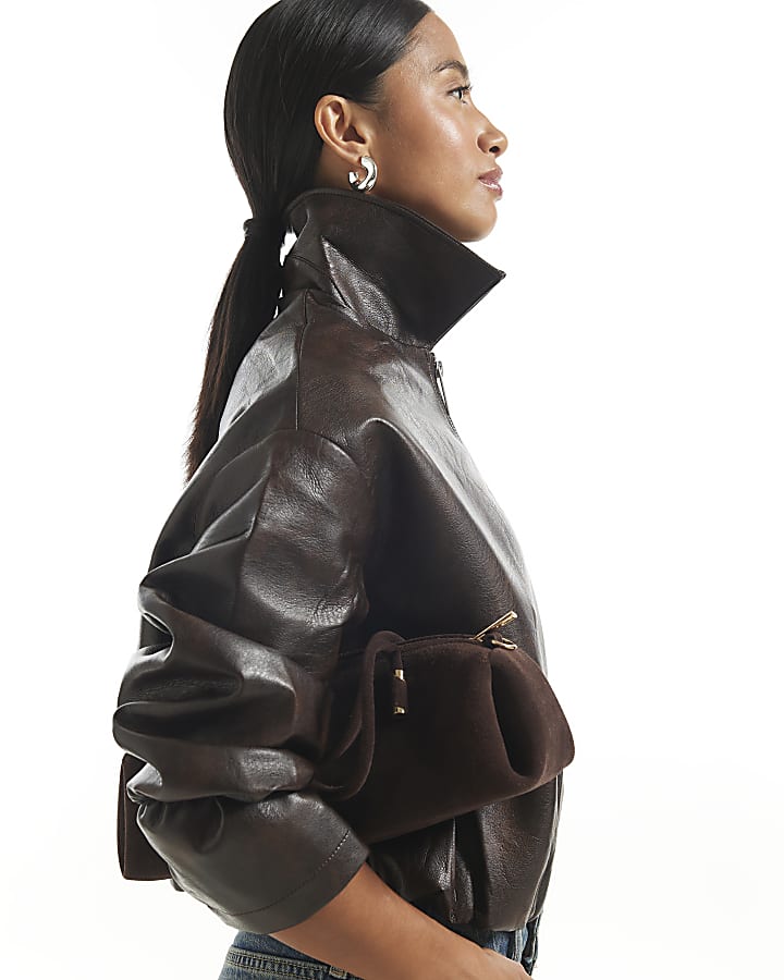 Petite Brown Faux Leather Bomber Jacket