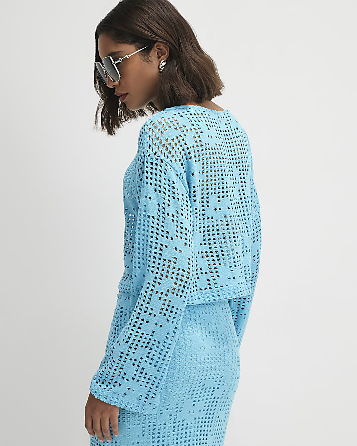 Blue Long Sleeve Crochet Top