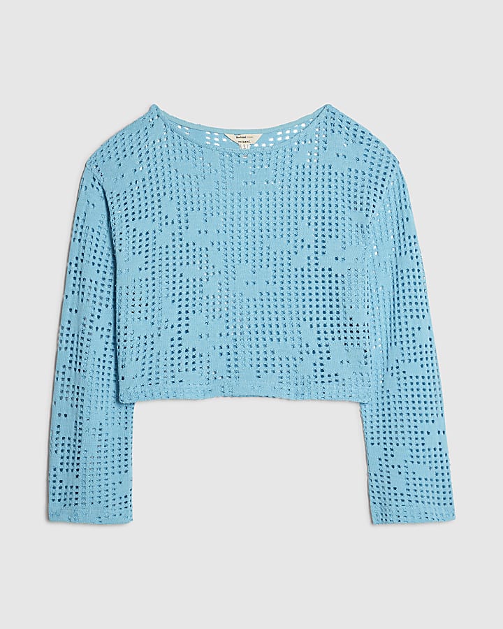 Blue Long Sleeve Crochet Top