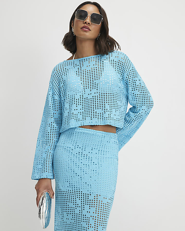 Blue Long Sleeve Crochet Top