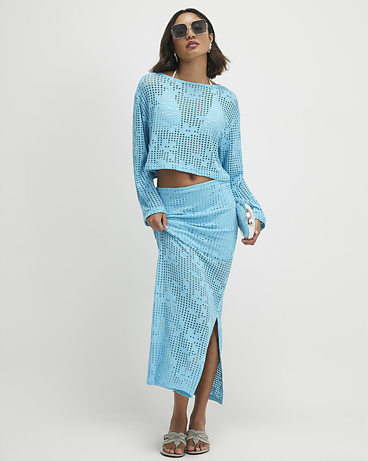 Blue Long Sleeve Crochet Top
