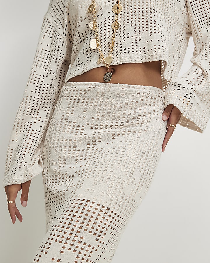 Beige Floral Crochet Maxi Skirt