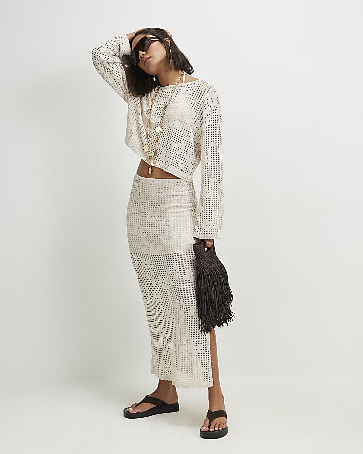 Beige Floral Crochet Maxi Skirt