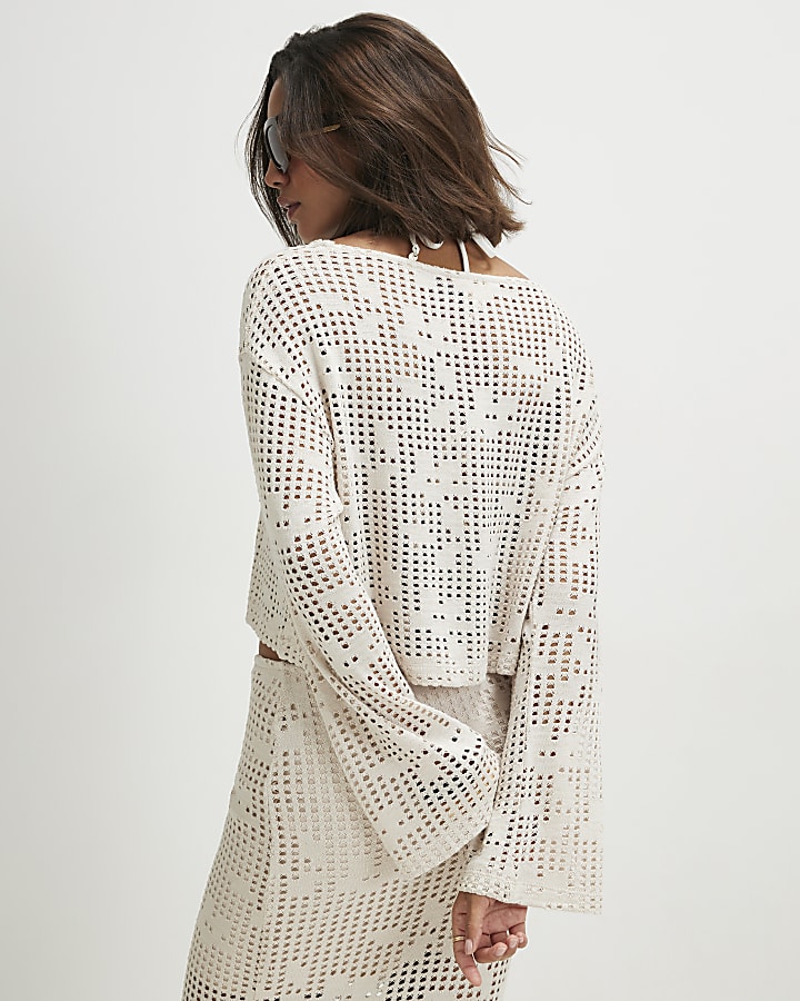 Beige Long Sleeve Floral Crochet Top