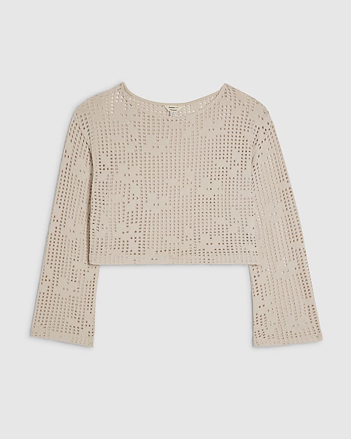 Beige Long Sleeve Floral Crochet Top
