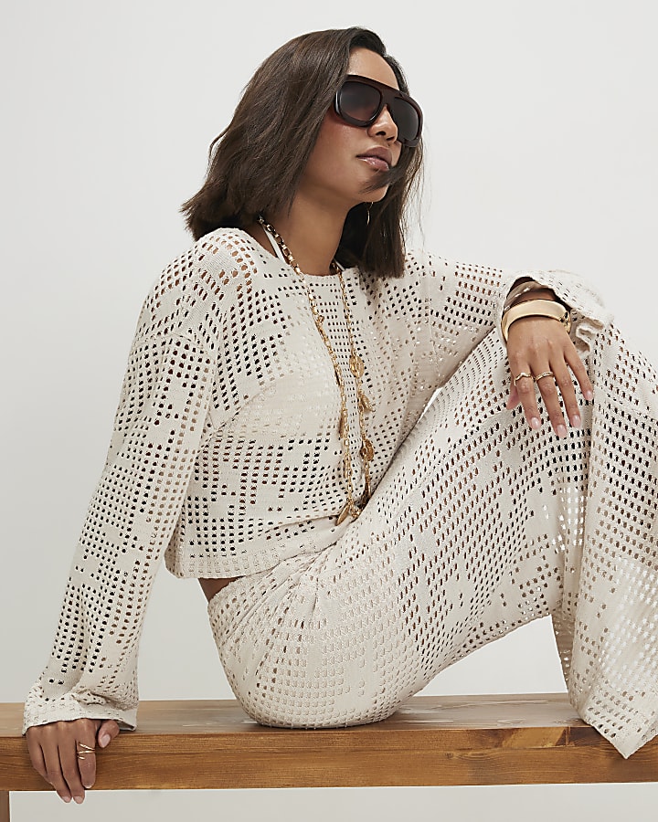 Beige Long Sleeve Floral Crochet Top
