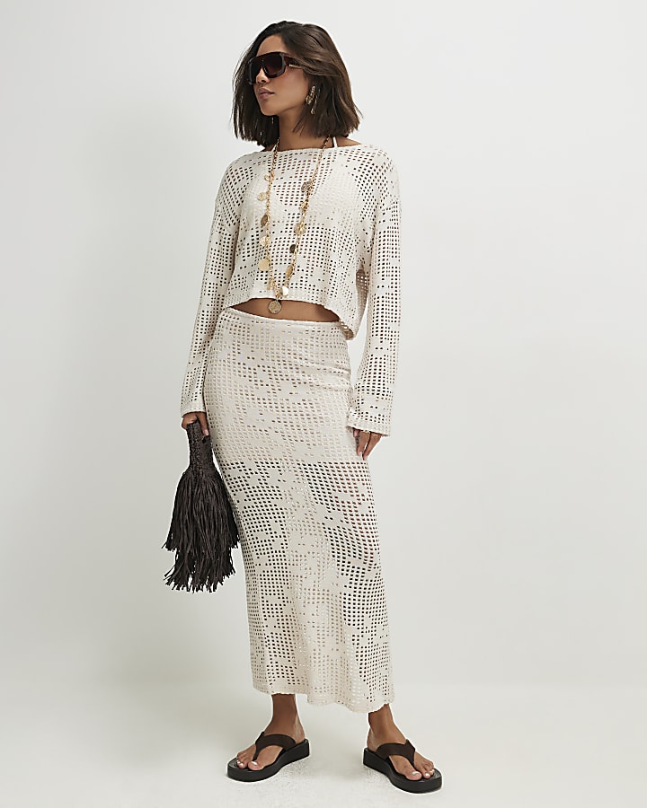 Beige Long Sleeve Floral Crochet Top