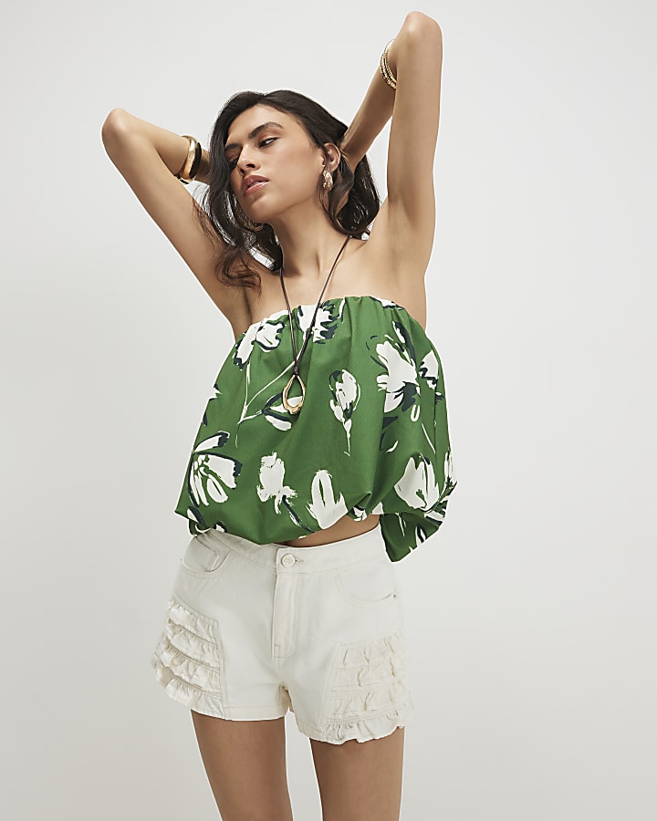 Green Floral Bandeau Bubble Top