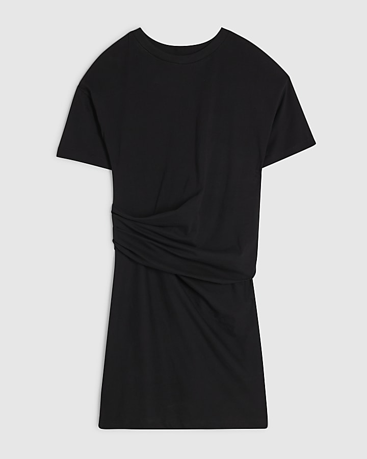 Black Cotton Twist Tuck Side Mini Dress