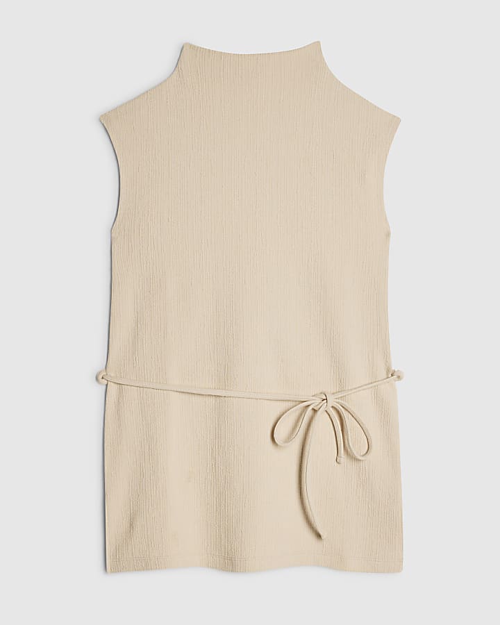 Beige Cotton Blend Textured Tie Belt Top