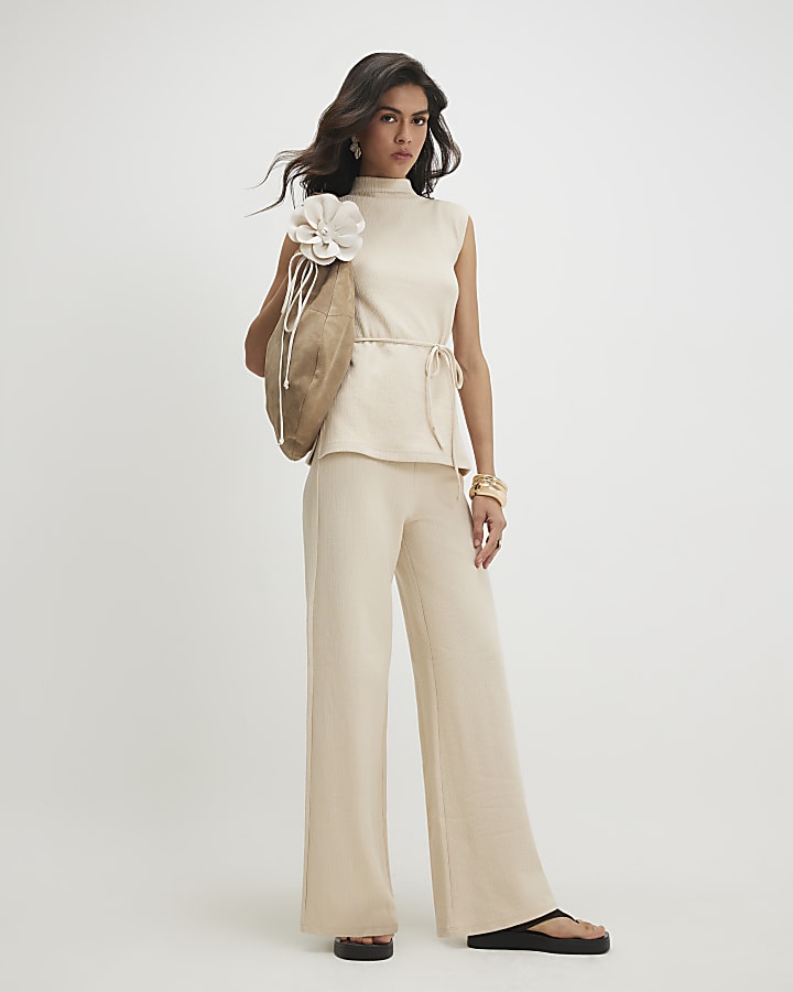 Beige Cotton Blend Textured Tie Belt Top