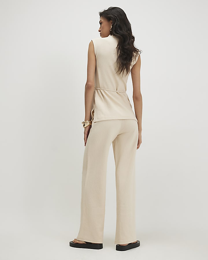 Beige Cotton Blend Textured Wide Leg Trousers
