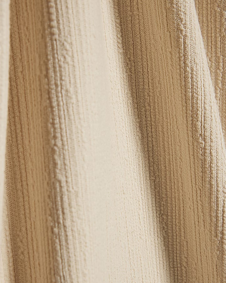 Beige Cotton Blend Textured Wide Leg Trousers