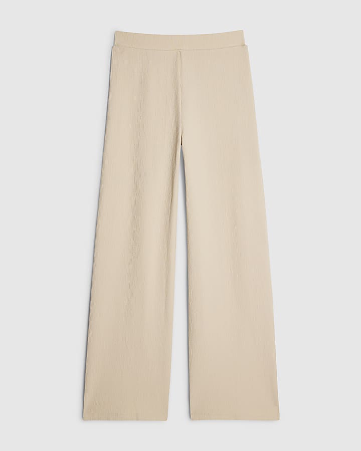 Beige Cotton Blend Textured Wide Leg Trousers