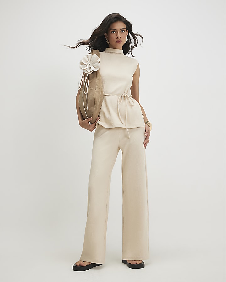 Beige Cotton Blend Textured Wide Leg Trousers