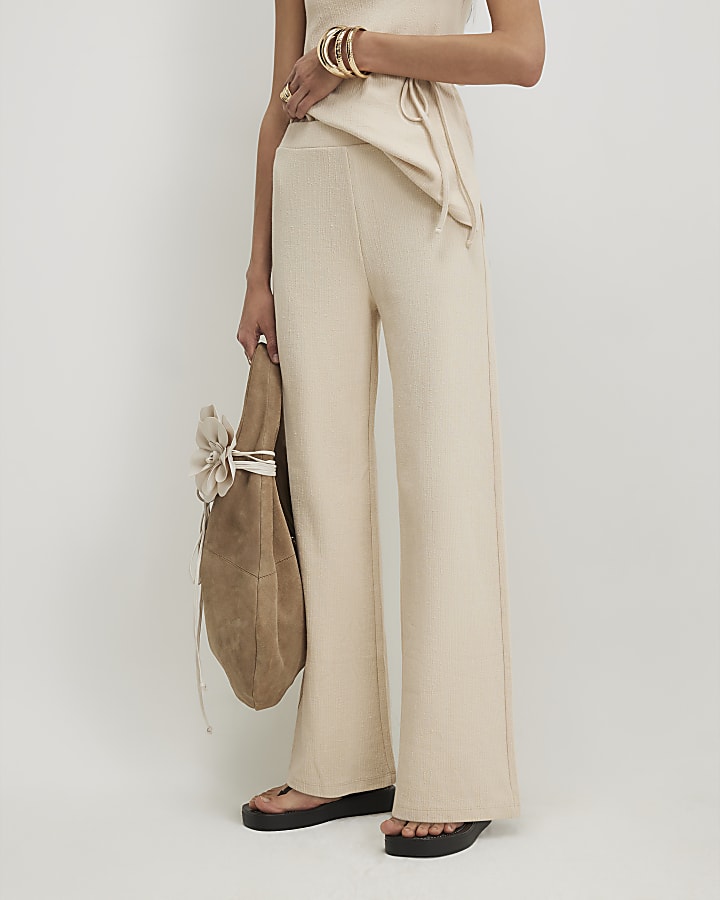 Beige Cotton Blend Textured Wide Leg Trousers