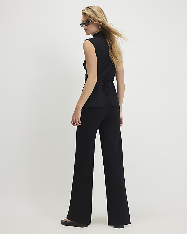 Black Cotton Textured Wide Leg Trousers