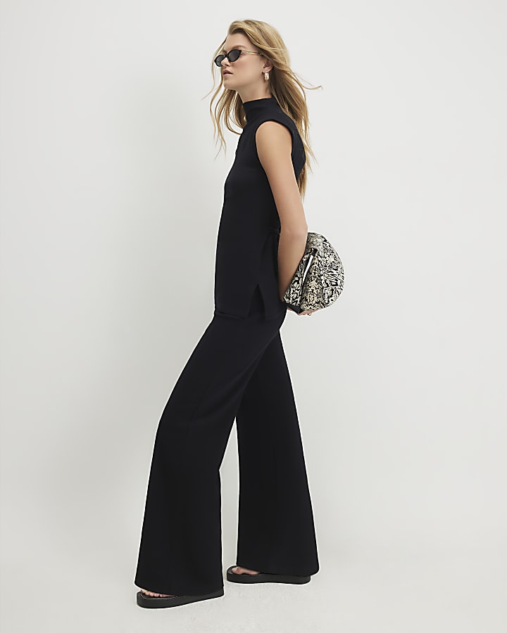 Black Cotton Textured Wide Leg Trousers