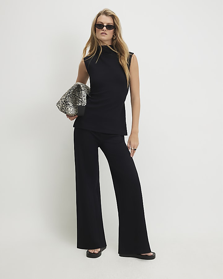 Black Cotton Textured Wide Leg Trousers