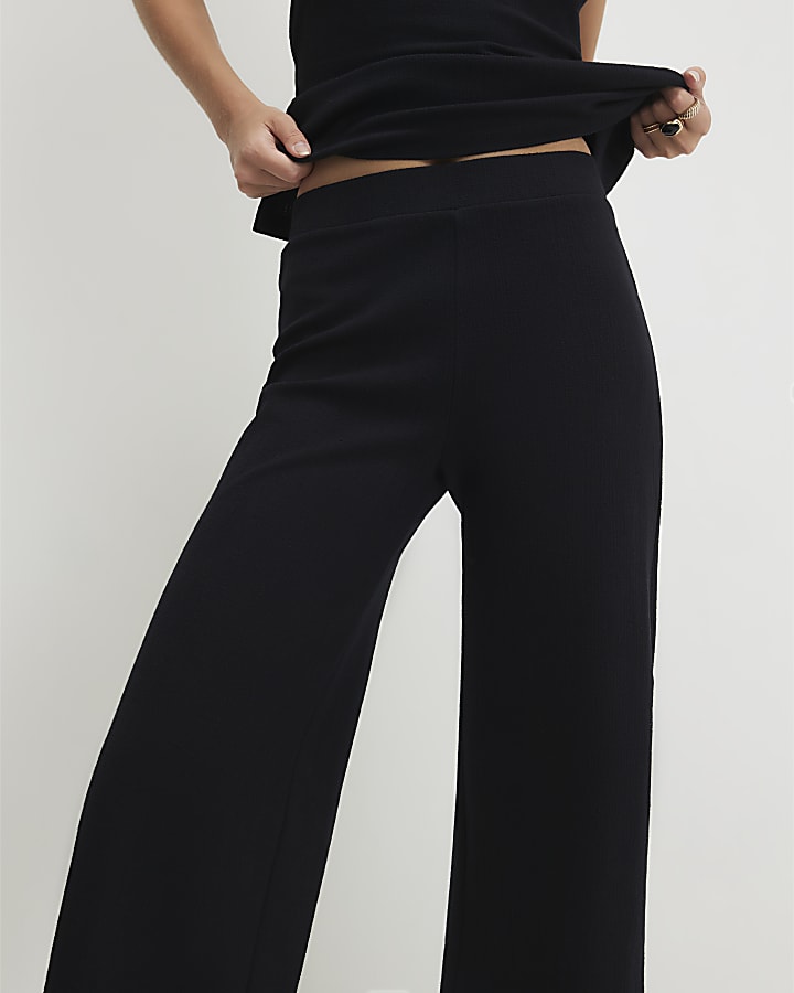 Black Cotton Textured Wide Leg Trousers
