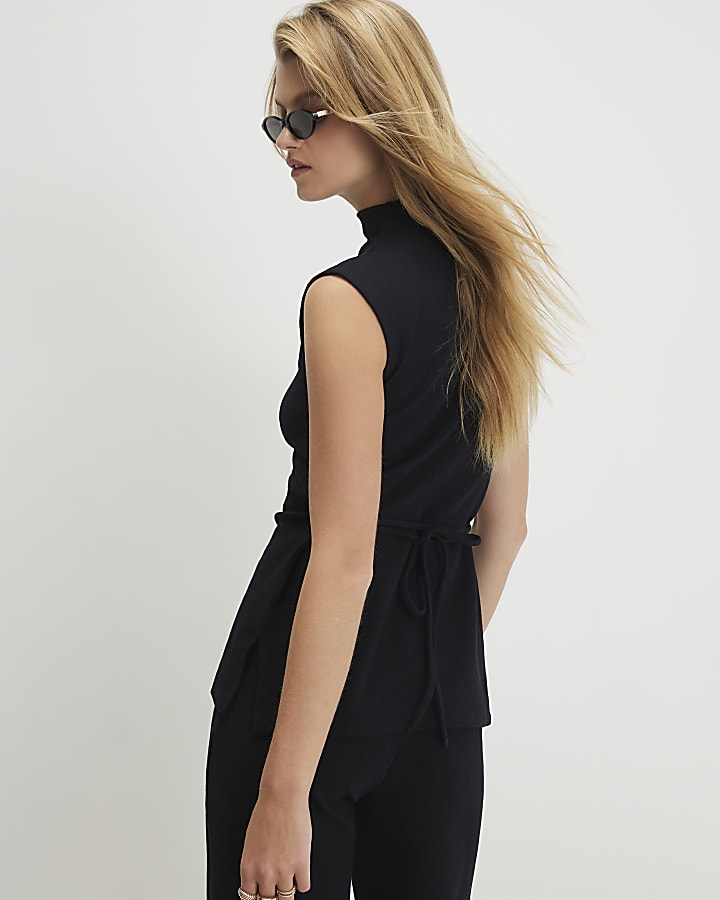 Black Cotton Textured Tie Top