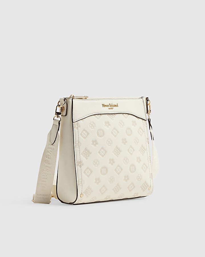 Cream Tonal Monogram Embossed Messenger Bag