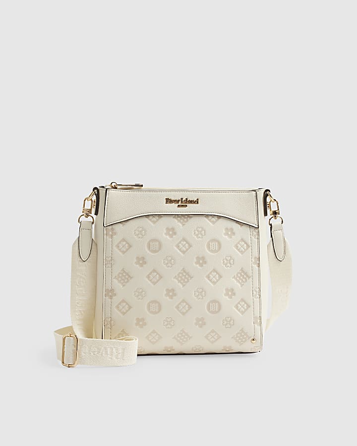 Cream Tonal Monogram Embossed Messenger Bag