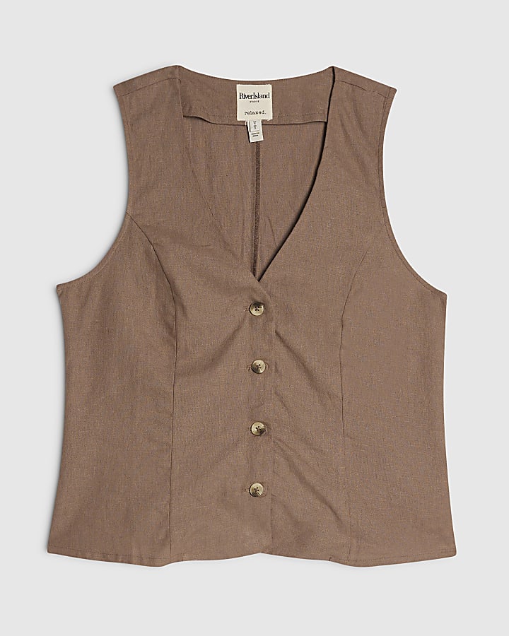 Beige Linen Blend Sleeveless Waistcoat
