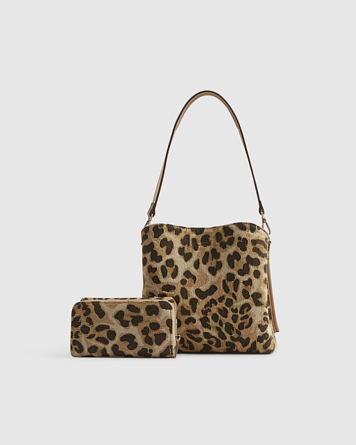 Beige RIR Leopard Jacquard Bucket Bag Bundle