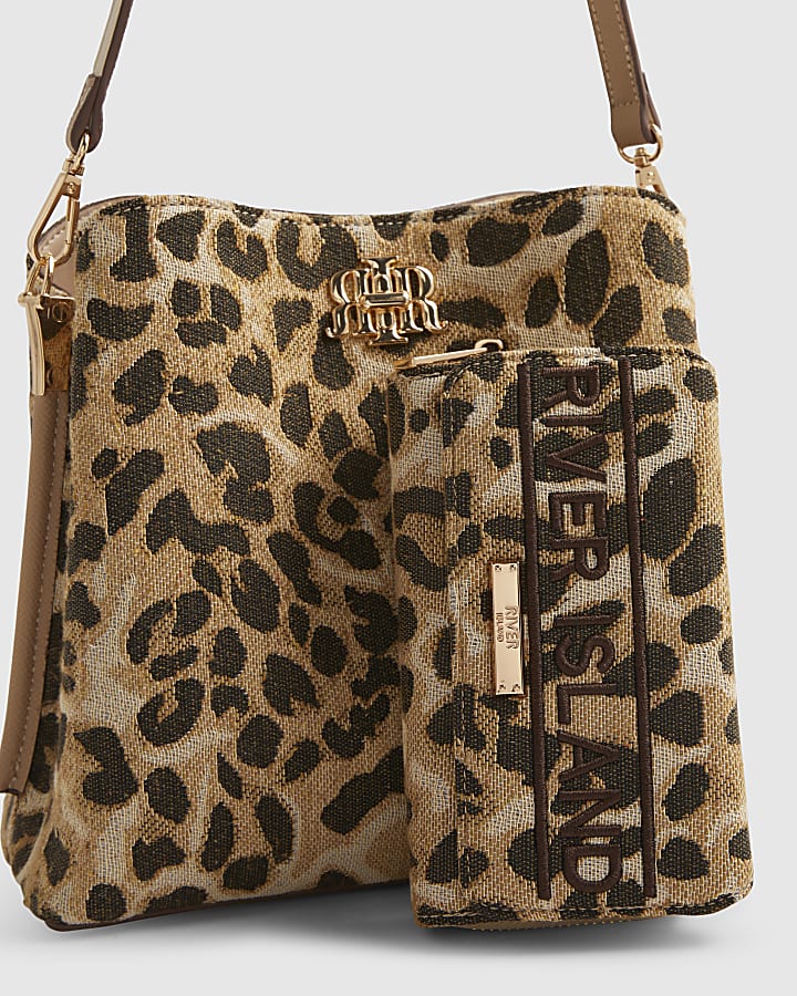 Beige RIR Leopard Jacquard Bucket Bag Bundle